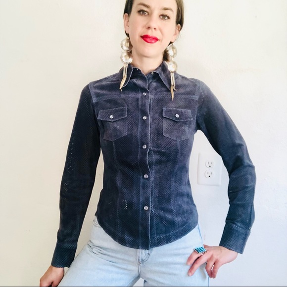 🔥SOLD🔥90s VTG 100% Suede Mesh Gray Western Cowgirl Long Sleeve Button Down - Picture 6 of 11